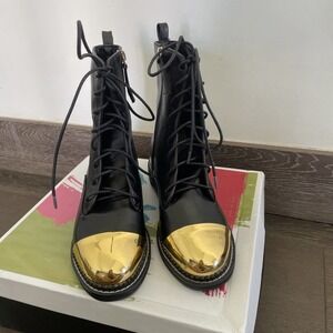 FSJ Black Metal Cap Toe Lace-Up Flat Ankle Boots with Zipper Size 7